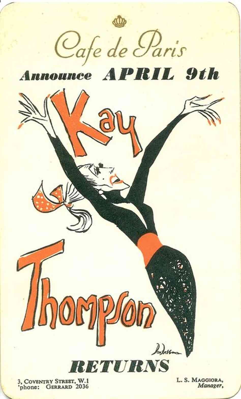 Thompson's advertising card for her engagement at London's Cafe de Paris in 1951.