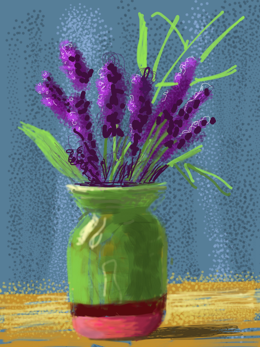 Purple flowers in a green-and-rose vase on a blue background
