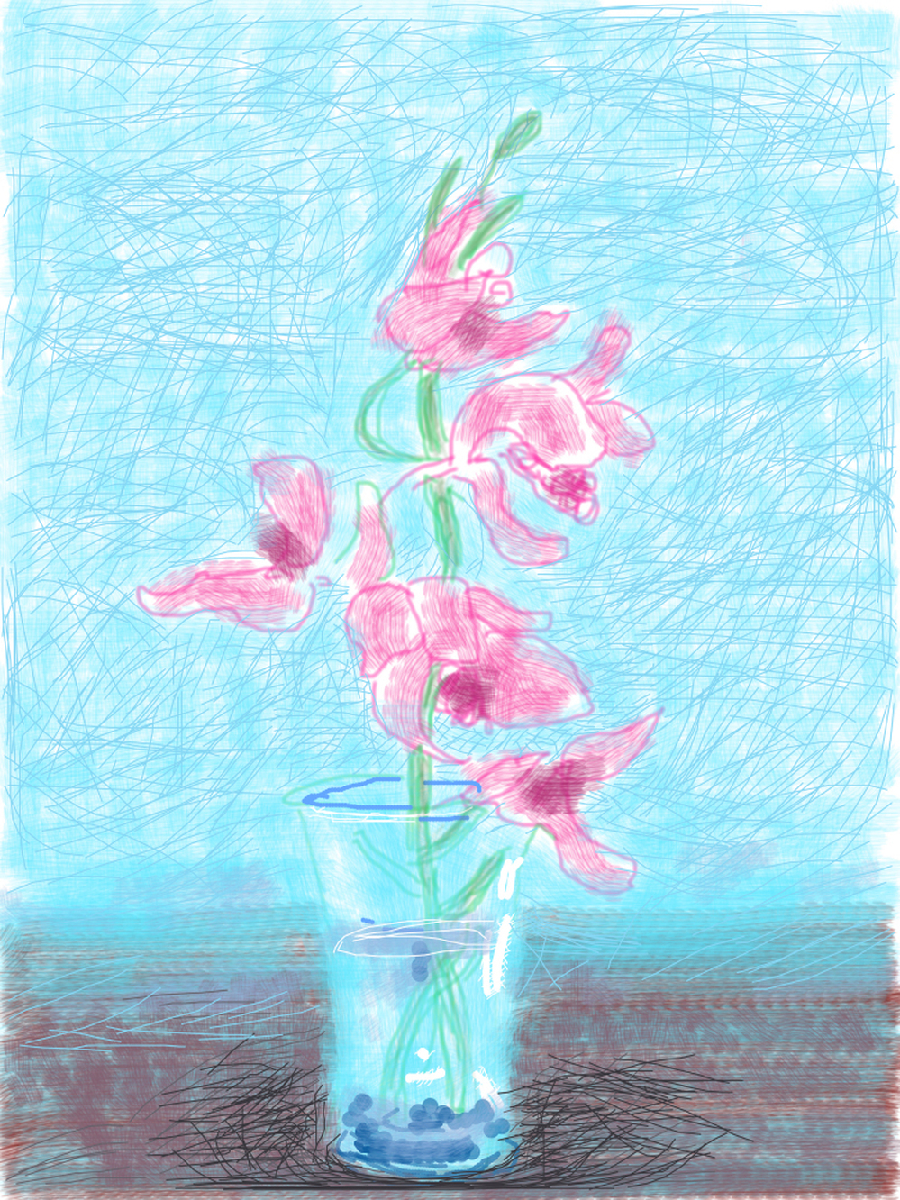Pink flowers in a crystal jug on a blue background