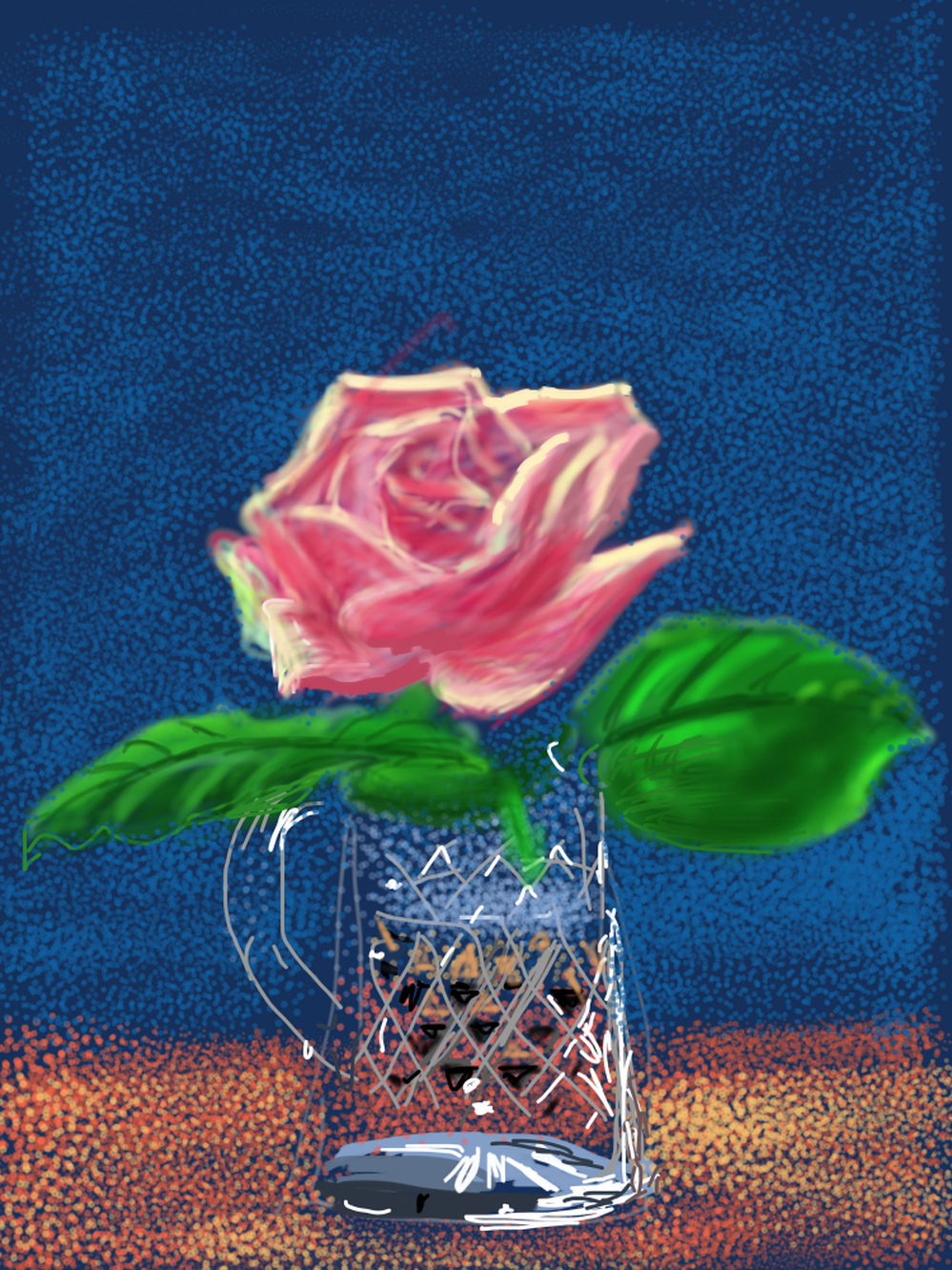 A dusk-pink rose in a crystal jug on a dark-blue background