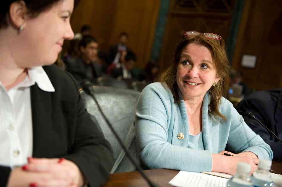 Elizabeth Edwards was a senior fellow at the Center for American Progress. Here, she speaks with fellow witness Kerry Burns prior to testifying on medical debt and bankruptcy on Capitol Hill in Washington, D.C., on Oct. 20, 2009. 