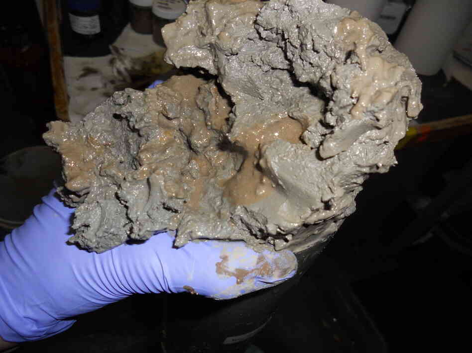 Pockets of viscous brown material seep from mud taken from a core sample near the well site. 