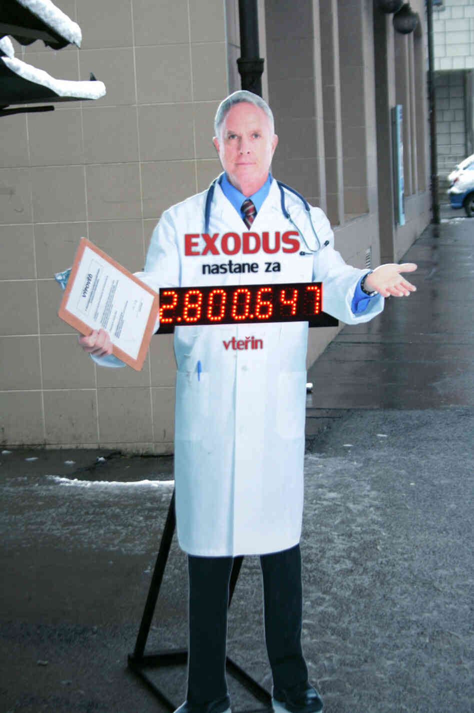 A cardboard cut-out that reads "countdown to exodus" alerts Czechs that some doctors may be leaving for better jobs elsewhere. A cardboard cut-out that reads "countdown to exodus" alerts Czechs that some doctors may be leaving for better jobs elsewhere.