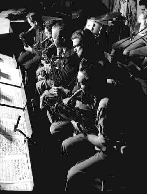 Woody Herman's band (top left to right), Stan Getz, Al Cohen, Herbie Stewart, Zoot Simms, and Serge Chaloff, the Royal Roost, New York, 1948