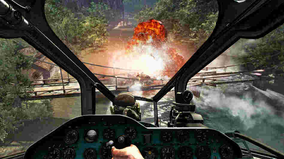In this video game image from Call of Duty: Black Ops, special forces agents pilot a gunship up the Mekong River. In this video game image from Call of Duty: Black Ops, special forces agents pilot a gunship up the Mekong River.