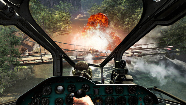 In this video game image from Call of Duty: Black Ops, special forces agents pilot a gunship up the Mekong River.