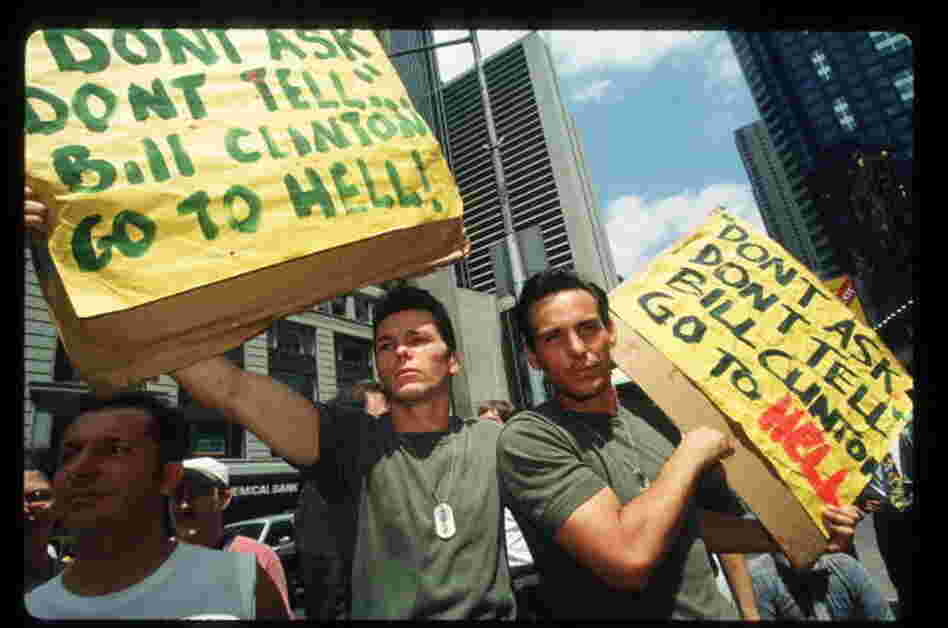 At a 1993 demonstration in New York, gay rights advocates voiced their opposition to the policy that became "Don't Ask, Don't Tell."