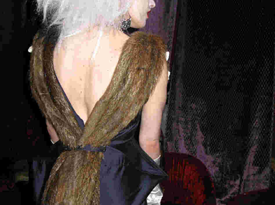 The plunging back of model Paige Morgan's dress is trimmed with nutria tails. She says she loves the fur and thinks many other people will be thrilled to find there is a guilt-free fur option. The plunging back of model Paige Morgan's dress is trimmed with nutria tails. She says she loves the fur and thinks many other people will be thrilled to find there is a guilt-free fur option.