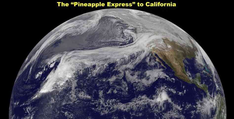 NASA's GOES-11 satellite captured an image of the famous 'Pineapple Express" weather pattern on Dec. 19, 2010 NASA's GOES-11 satellite captured an image of the famous 'Pineapple Express" weather pattern on Dec. 19, 2010