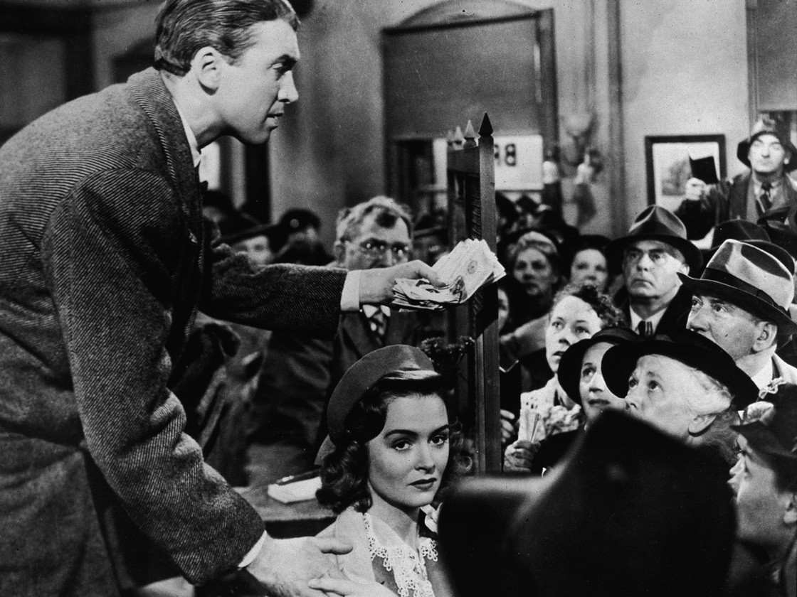 Actor Jimmy Stewart, shown with Donna Reed, in a still from the 1946 film It's A Wonderful Life, directed by Frank Capra. 