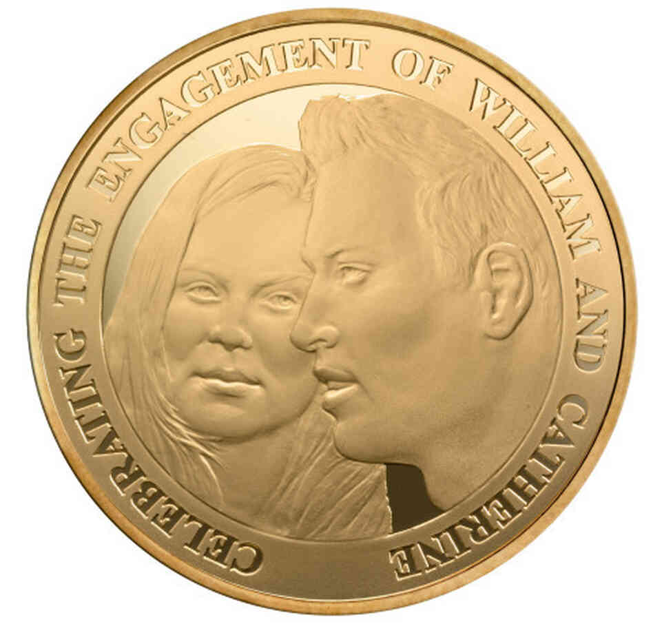 The "likenesses" on the coin commemorating the engagement of Britain's Prince William and Kate Middleton