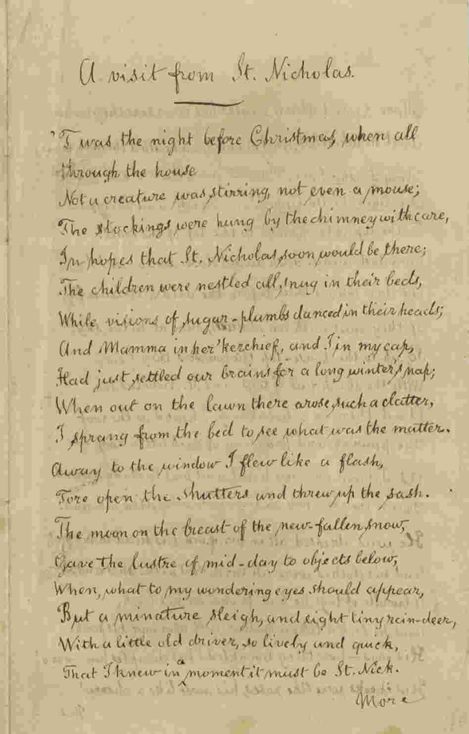 An 1860 copy of the Clement Clarke Moore's poem "A Visit from St. Nicholas," which begins: "'Twas the the night before Christmas, when all through the house / Not a creature was stirring, not even a mouse."
