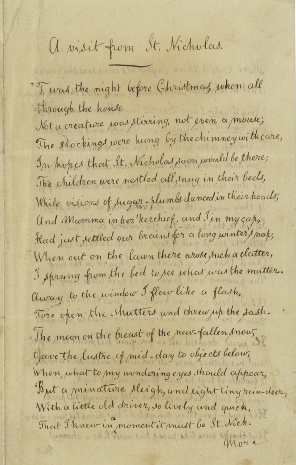 An 1860 copy of the Clement Clarke Moore's poem "A Visit from St. Nicholas," which begins: "'Twas the the night before Christmas, when all through the house / Not a creature was stirring, not even a mouse."