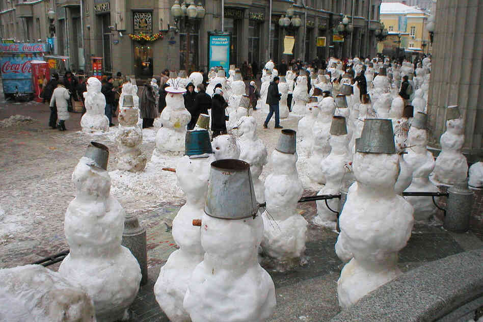 Hundreds of snowmen are constructed every year in a different part of Moscow, as part of an advertising campaign for famous Russian clowns.  
