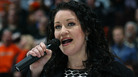 Canadian singer Holly Cole, seen here singing her country's national anthem, performed on Mountain Stage. Canadian singer Holly Cole, seen here singing her country's national anthem, performed on Mountain Stage.