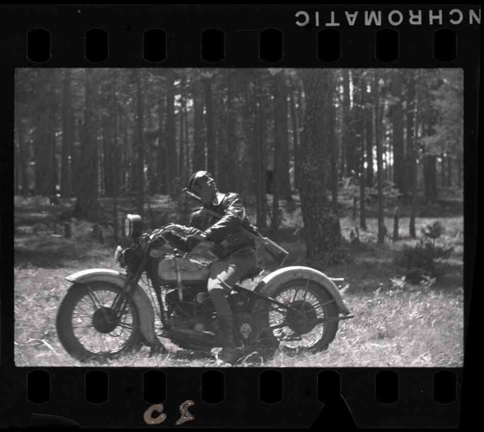 Republican soldier on a motorcycle, Navacerrada Pass, Segovia front, Spain, late May to early June 1937 