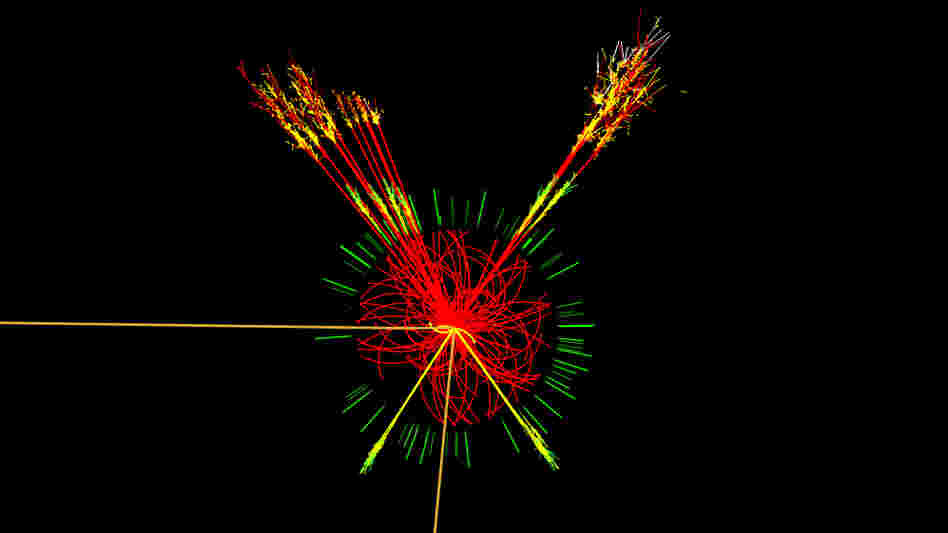 This is what researchers at the ATLAS detector at the Large Hadron Collider expect a Higgs boson to look like. The Higgs boson is the subatomic particle that scientists say gives everything in the universe mass. This is what researchers at the ATLAS detector at the Large Hadron Collider expect a Higgs boson to look like. The Higgs boson is the subatomic particle that scientists say gives everything in the universe mass.