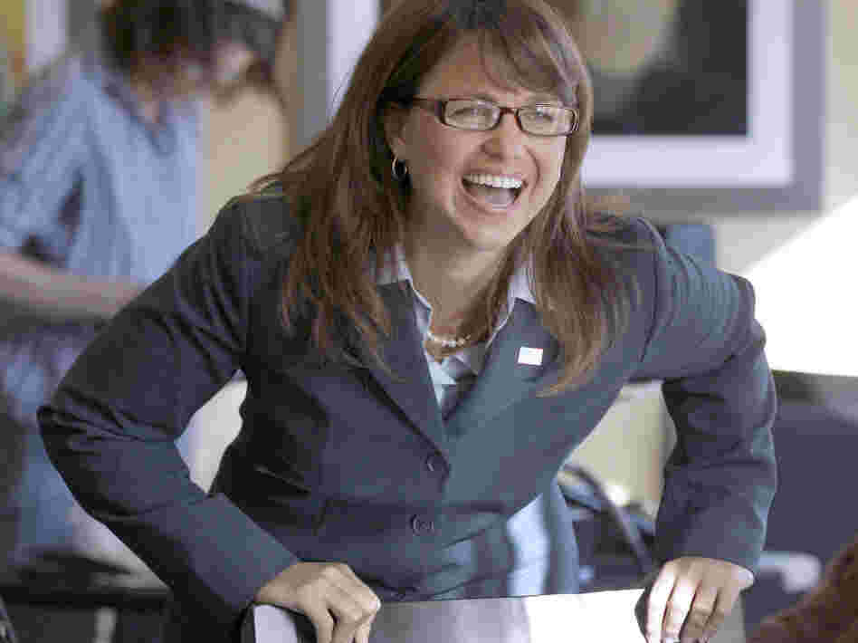 Then-Delaware Republican Senate candidate Christine O'Donnell talking with family members in between television interviews in September. O'Donnell was subjected to ridicule after a clip surfaced from an appearance years ago on the comic Bill Maher's "Politically Incorrect" show where she mentions dabbling in witchcraft.