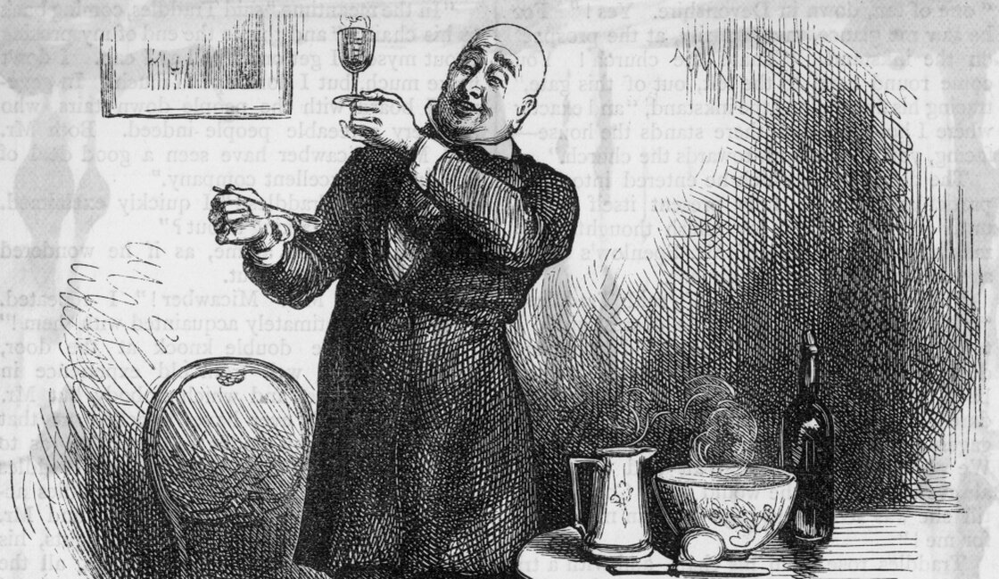 "Micawber in his element," Mr. Micawber makes punch after a dinner party thrown for him by David Copperfield.