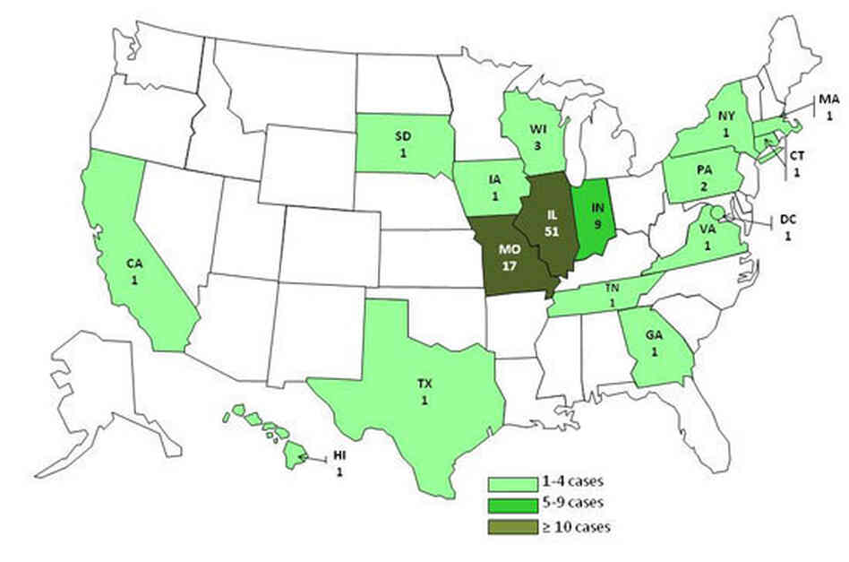 A Dec. 27 map of salmonella cases linked to sprouts.
