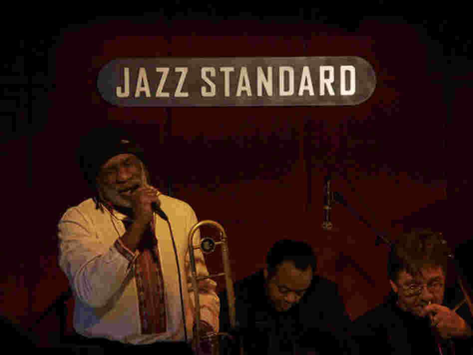 Lauren Sevian steps up to the mic to establish "Moanin'" with a powerful baritone sax line. Lauren Sevian steps up to the mic to establish "Moanin'" with a powerful baritone sax line.