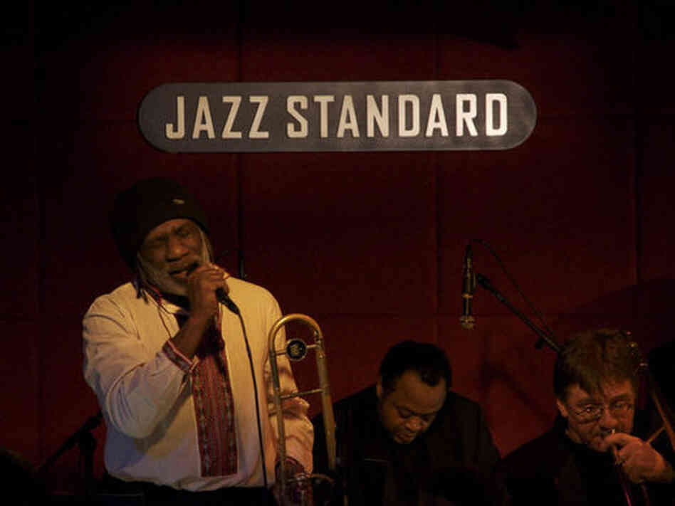 Lauren Sevian steps up to the mic to establish "Moanin'" with a powerful baritone sax line. Lauren Sevian steps up to the mic to establish "Moanin'" with a powerful baritone sax line.