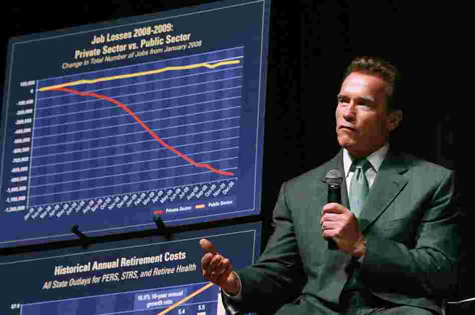 Schwarzenegger talks about the state budget during an Aug. 30 appearance in San Francisco. Some say the governor missed his chance to get the budget under control early on, when he was still popular. 