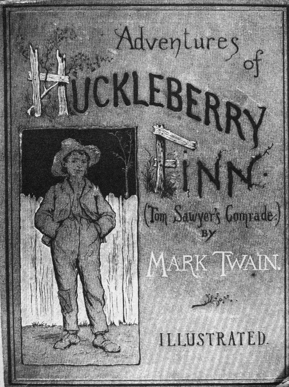 Cover of the book 'Adventures of Huckleberry Finn (Tom Sawyer's Comrade)' by Mark Twain (Samuel Clemens), 1884.