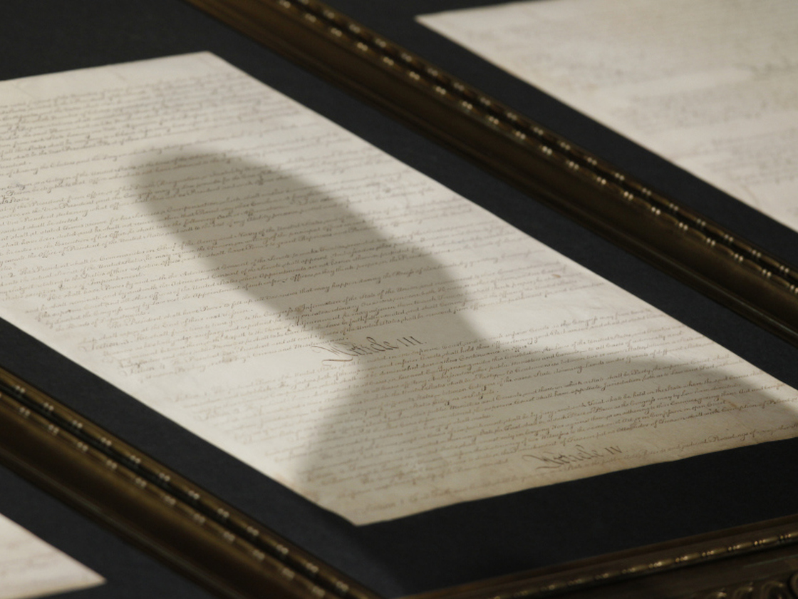 President Obama's shadow is cast on the Constitution as he delivers an speech at the National Archives in Washington in May 2009.