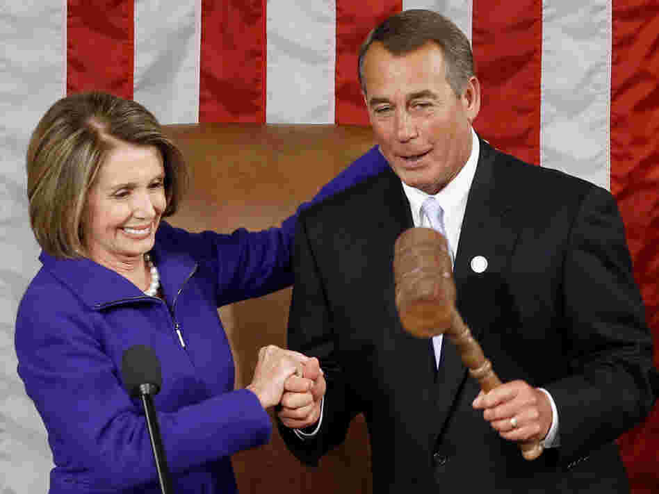 Newly minted Speaker of the House John Boehner (R-OH) receives the speaker's gavel from outgoing speaker Nancy Pelosi (D-CA). Newly minted Speaker of the House John Boehner (R-OH) receives the speaker's gavel from outgoing speaker Nancy Pelosi (D-CA).