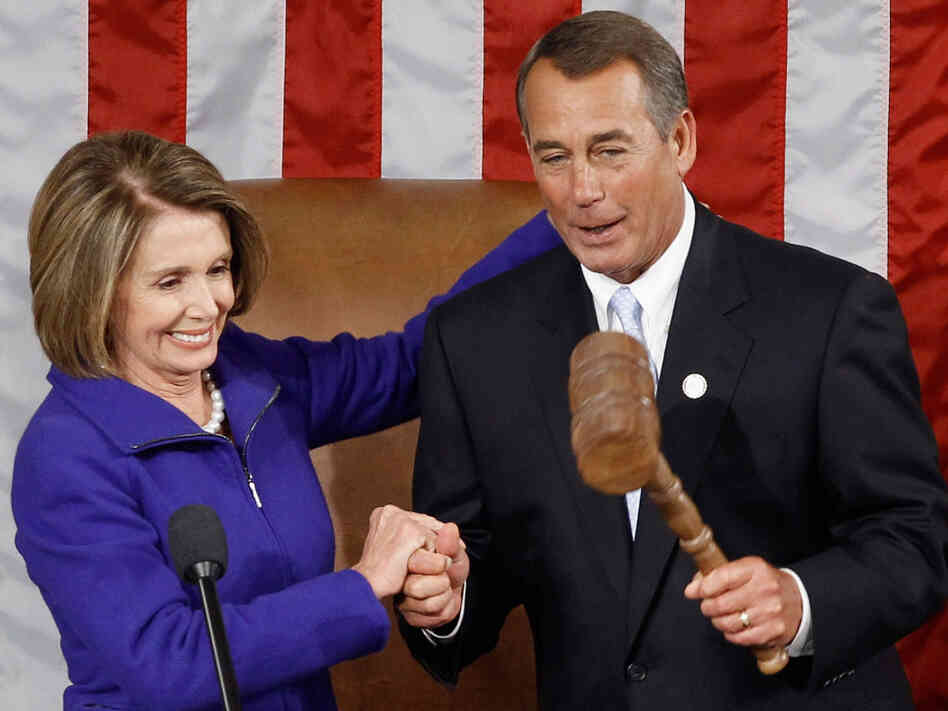 New Speaker of the House John Boehner, R-OH, takes the gavel from outgoing Speaker (now Minority Leader) Nancy Pelosi, D-CA.