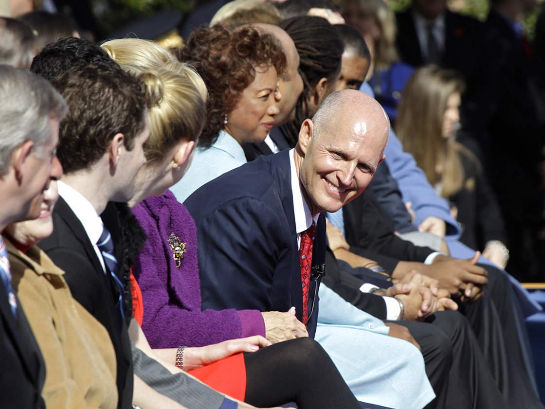 Florida Gov. Rick Scott smiles during inauguration ceremonies in Tallahassee Tuesday. Scott defeated incumbent Charlie Crist, who had been elected as a Republican.