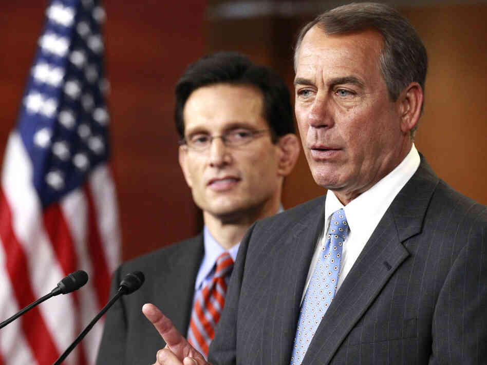 Speaker John Boehner makes a point while Majority Leader Eric Cantor listens. Speaker John Boehner makes a point while Majority Leader Eric Cantor listens.