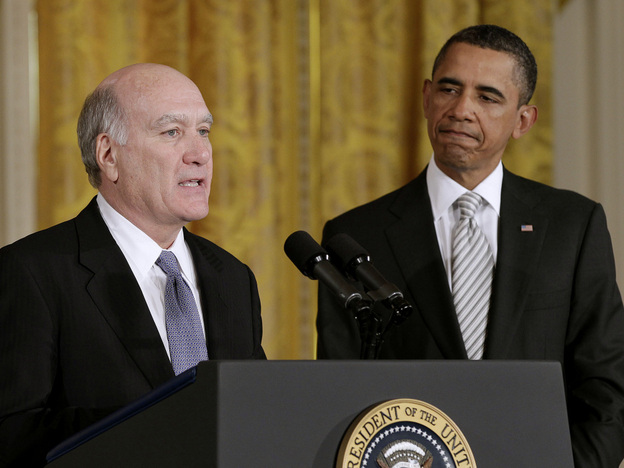 President Barack Obama listens as his new White House Chief of Staff William Daley speaks, Thursday, Jan. 6, 2011.