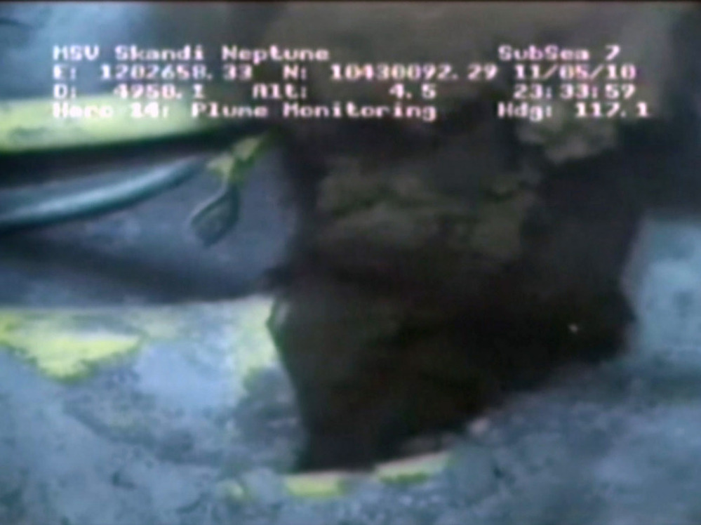 This image, captured about the same time as the one above, shows oil leaking from a pipe on the seafloor. About one-third of the material that leaked from the well was natural gas, and a new study concludes almost all of the natural gas was consumed by bacteria.