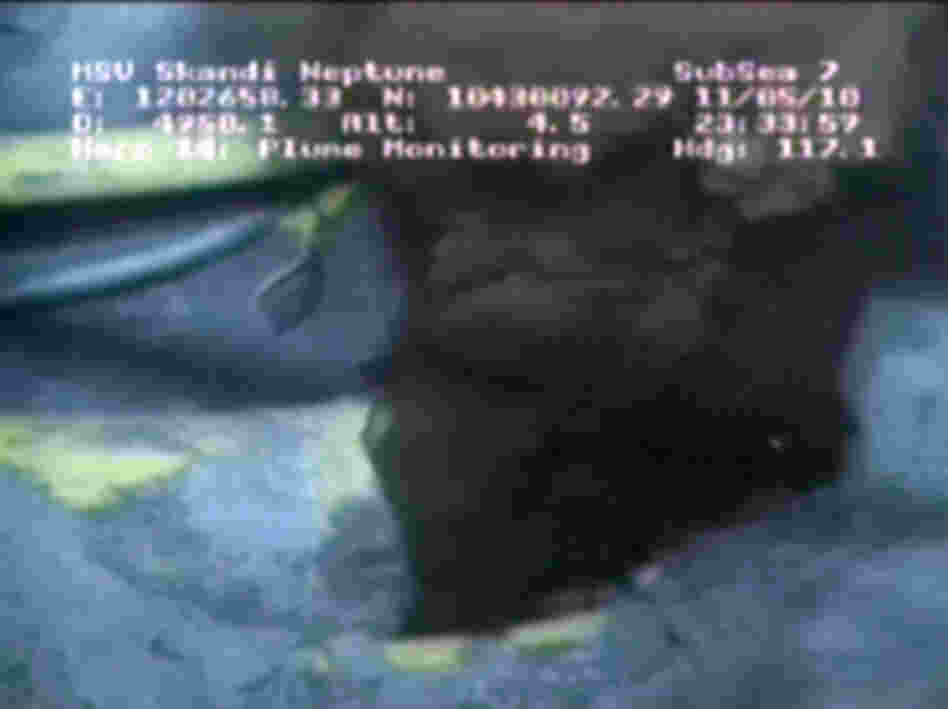 This image, captured about the same time as the one above, shows oil leaking from a pipe on the seafloor. About one-third of the material that leaked from the well was natural gas, and a new study concludes almost all of the natural gas was consumed by bacteria.