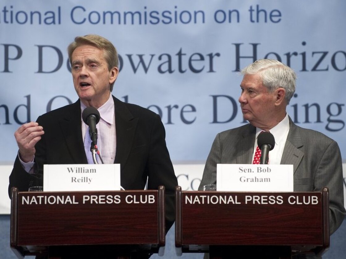William Reilly (left) and former U.S. Sen. Bob Graham were co-chairs of The National Oil Spill Commission. They released the final report on the findings and recommendations of the commission on Tuesday.