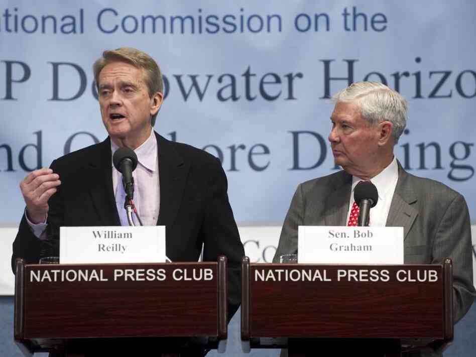 William Reilly (left) and former U.S. Sen. Bob Graham were co-chairs of The National Oil Spill Commission. They released the final report on the findings and recommendations of the commission on Tuesday.