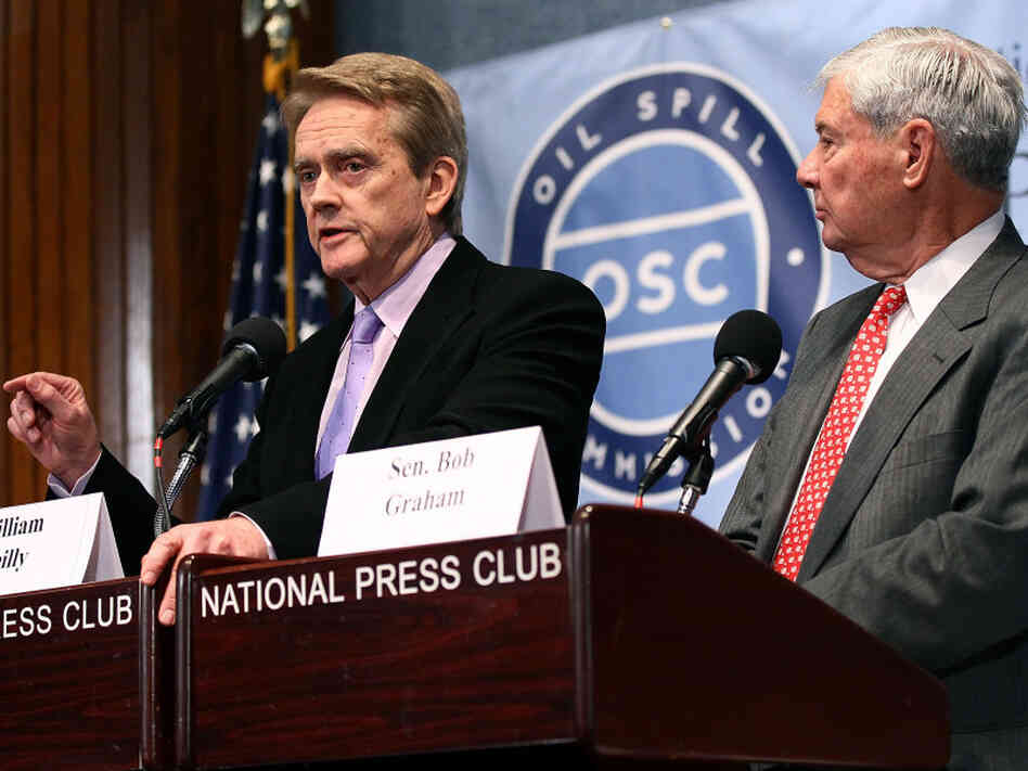 Bill Reilly (left) and former Sen. Bob Graham, co-chairmen of the National Commission on the BP Deepwater Horizon Oil Spill and Offshore Drilling, announce the findings of the commission's final report Tuesday. 