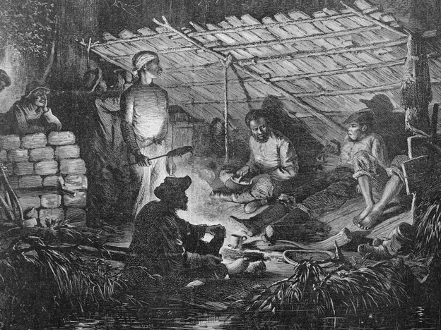 Men gather in the swamps of Louisiana.