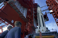 Sen. George Smathers (D-FL), and President Kennedy get a look at the Saturn rocket at Cape Canaveral, Fla. on Nov. 16, 1963.