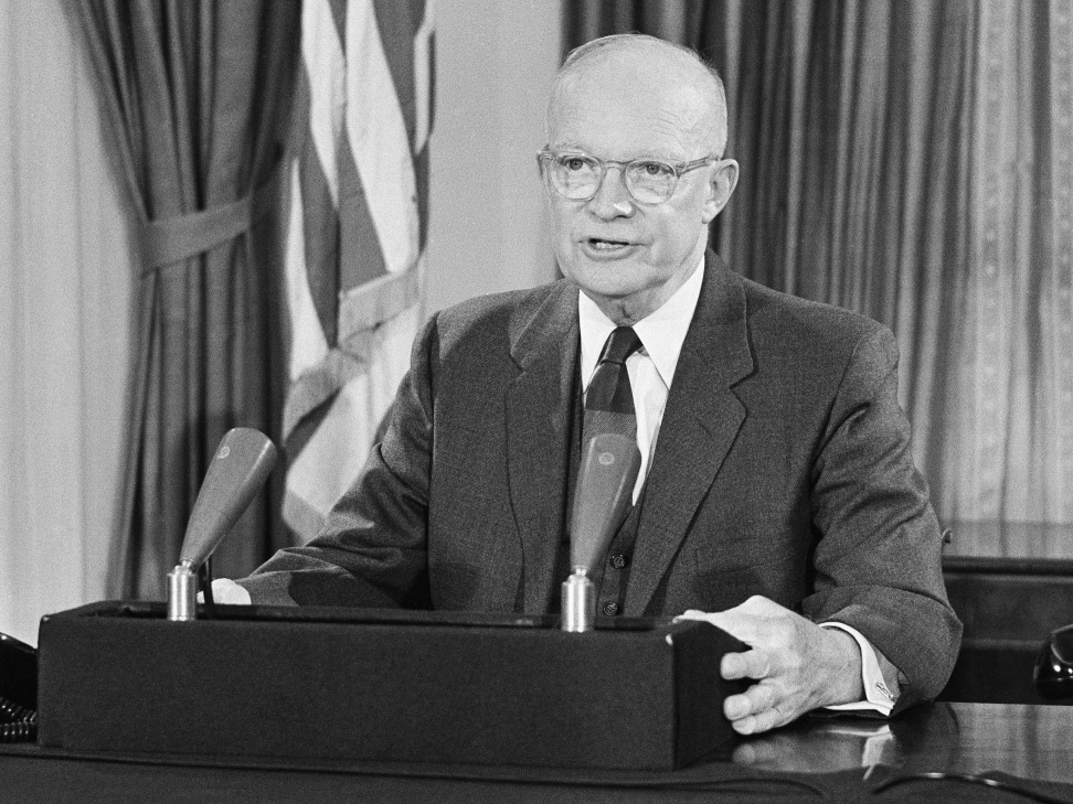 In his final speech from the White House, President Dwight D. Eisenhower warned that an arms race would take resources from other areas -- such as building schools and hospitals.