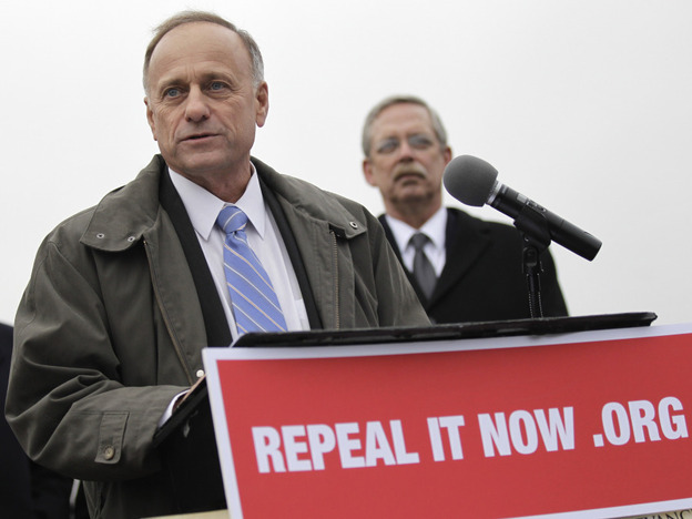 Rep. Steve King (R-IA) speaks during a news conference Tuesday on Capitol Hill after accepting delivery of signed petitions demanding the repeal of the health law.