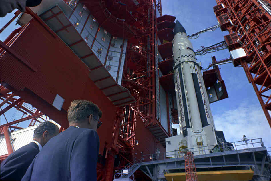 Sen. George Smathers (D-FL), and President Kennedy  get a look at the Saturn rocket at Cape Canaveral, Fla. on Nov. 16, 1963.  