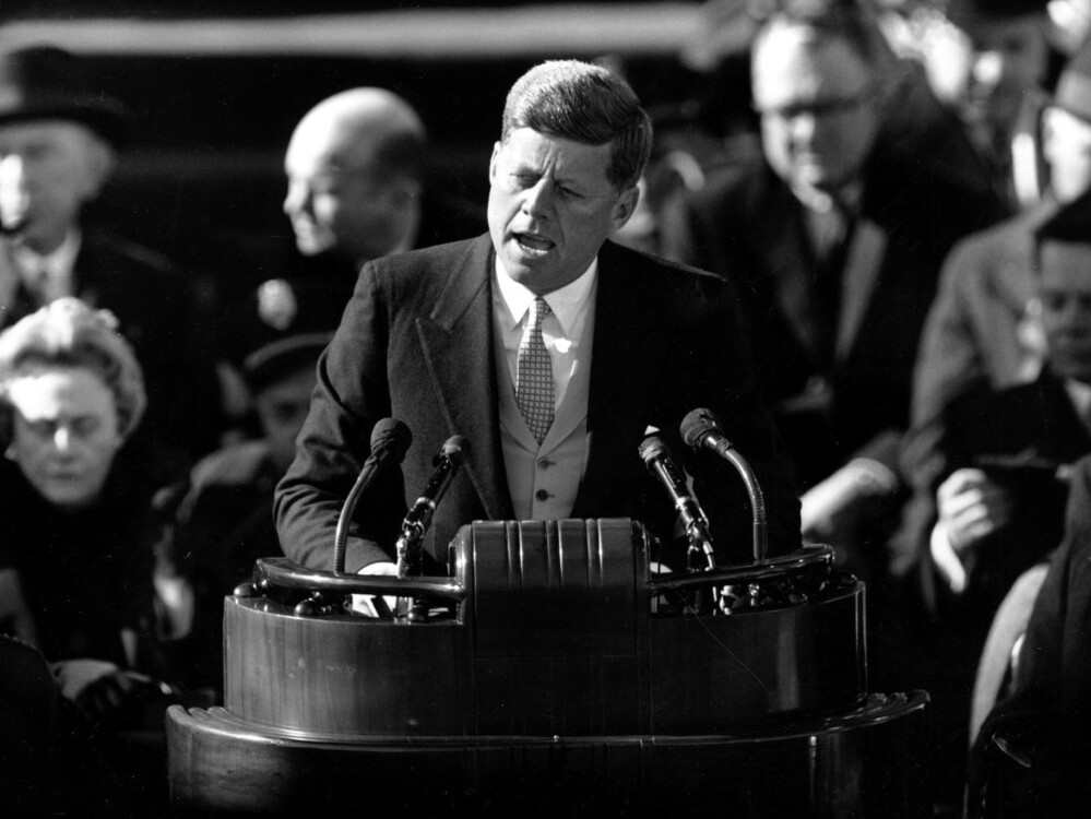 U.S. President John F. Kennedy delivers his inaugural address, Jan. 20, 1961.