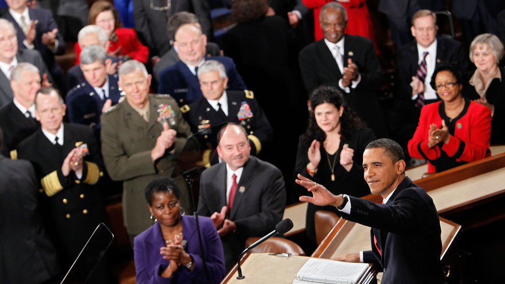 President Obama waves before his first State of the Union address on Jan. 27, 2010.