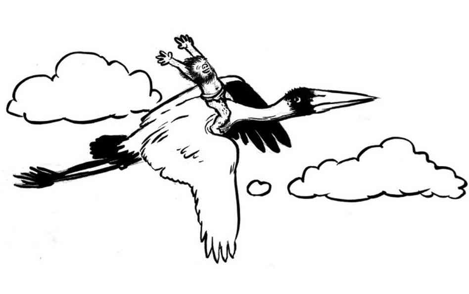 A hobbit soaring on a stork. A hobbit soaring on a stork.