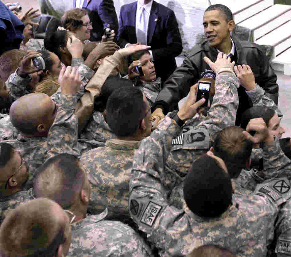 President Obama greets troops at a rally during an unannounced visit at Bagram Air Field in Afghanistan on Dec. 3, 2010.