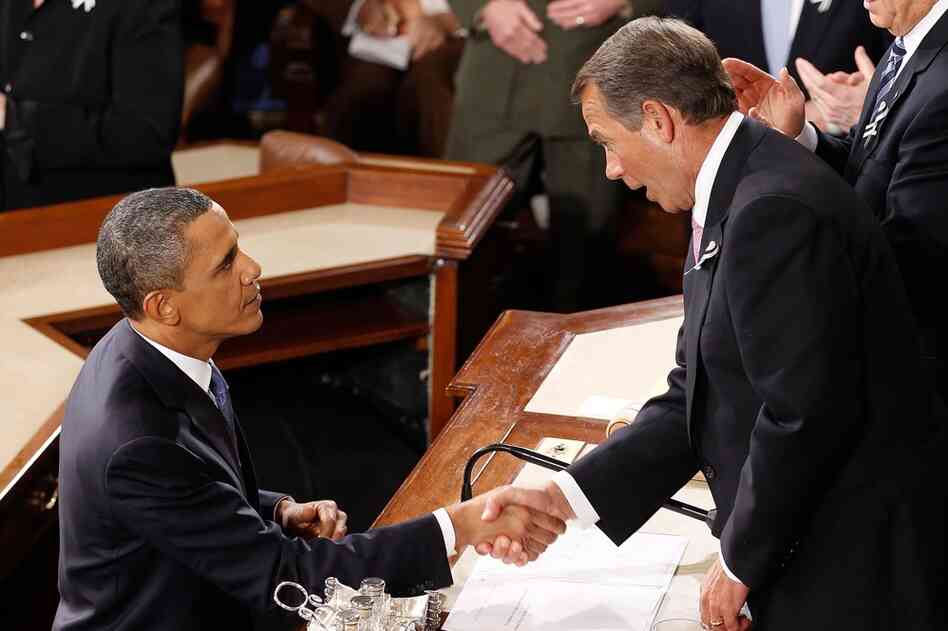 Obama shakes hands with Boehner (R-OH) after the speech. 