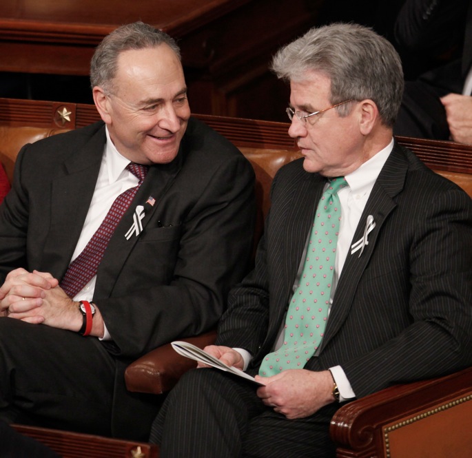 Sen. Charles Schumer (D-NY), left, speaks with Sen. Tom Coburn (R-OK). "We believe in strenuous discourse," Schumer told NBC News. 